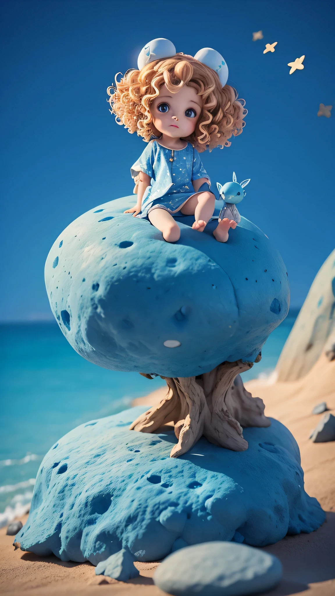 a  with curly hair and star-patterned pajamas,and  a small blue creature with antennae on its head, sitting on a rock, enjoying the view of the beautiful blue Earth from the moon.