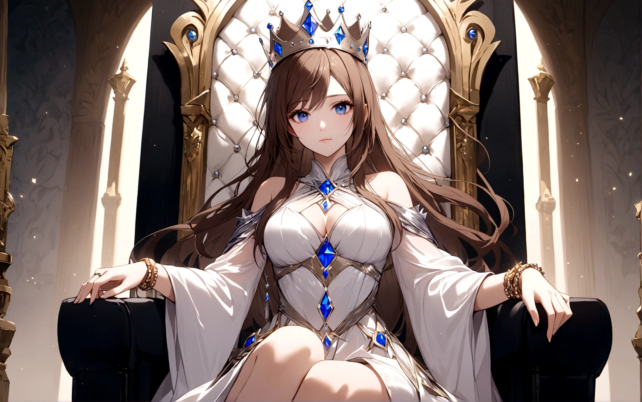 1girl, solo, long hair, breasts, looking at viewer, blue eyes, brown hair, dress, jewelry, sitting, closed mouth, white dress, bracelet, crown, throne