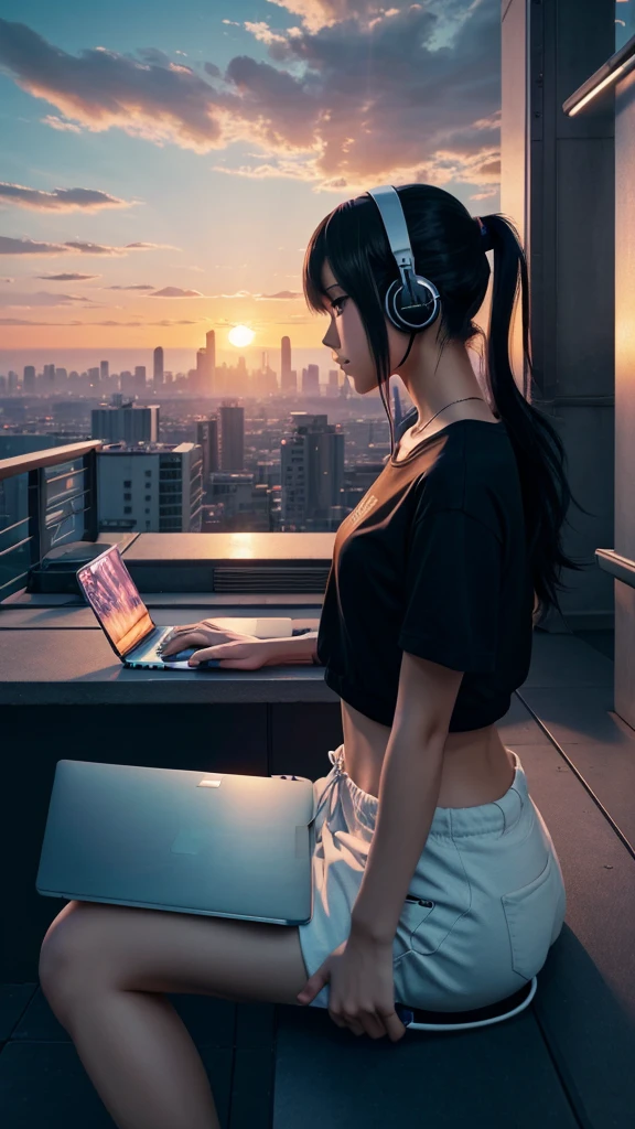 a person sitting on a ledge with a laptop and headphones on, an anime drawing inspired by Liam Wong, trending on pixiv, serial art, 4k anime wallpaper, anime wallpaper 4k, anime wallpaper 4 k, anime art wallpaper 4k, anime art wallpaper 4 k, anime art wallpaper 8 k, watching the sun set. anime