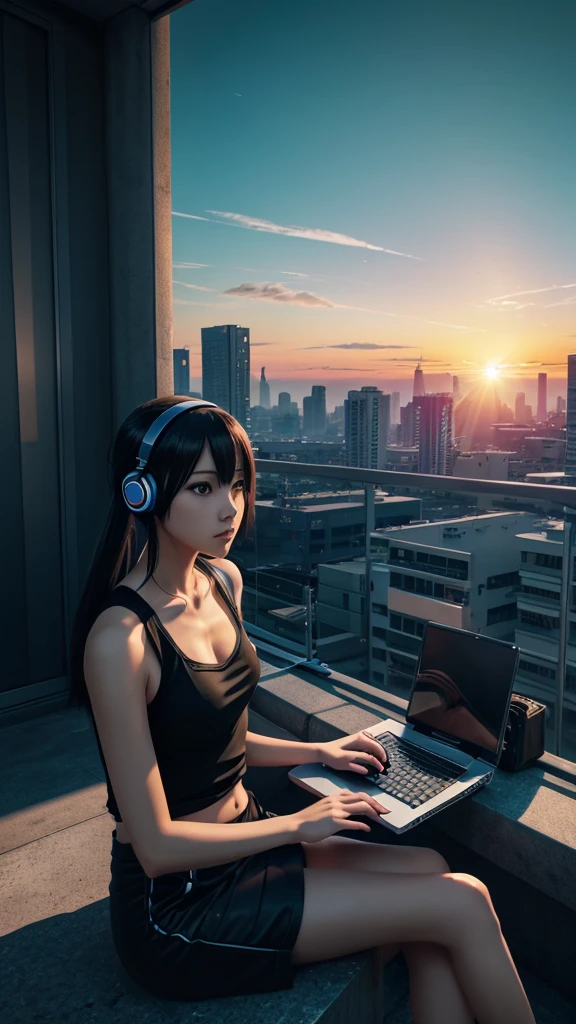 a person sitting on a ledge with a laptop and headphones on, an anime drawing inspired by Liam Wong, trending on pixiv, serial art, 4k anime wallpaper, anime wallpaper 4k, anime wallpaper 4 k, anime art wallpaper 4k, anime art wallpaper 4 k, anime art wallpaper 8 k, watching the sun set. anime