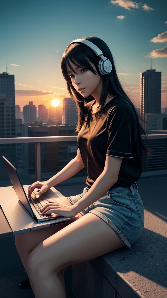 a person sitting on a ledge with a laptop and headphones on, an anime drawing inspired by Liam Wong, trending on pixiv, serial art, 4k anime wallpaper, anime wallpaper 4k, anime wallpaper 4 k, anime art wallpaper 4k, anime art wallpaper 4 k, anime art wallpaper 8 k, watching the sun set. anime