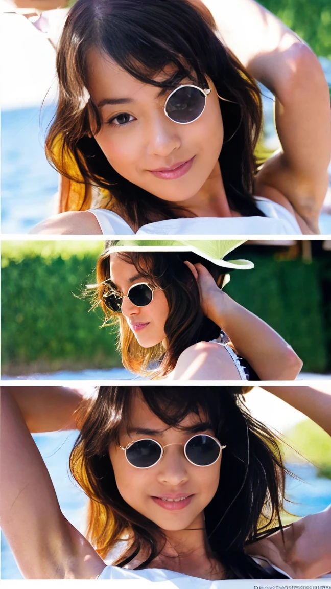 masterpiece, high quality, 4K, Beautiful design, (from the front, Whole body),Award-winning photo, Very detailed, wonderful, The finer details, Absurd, Very detailed女性, (small breasts:1.5),Wear sunglasses、Arabian woman in a yellow shirt making a peace sign, Color photography inspired by Ion Andreescu, Trending on Reddit, Pop Art, 4K'', Eva Max, Ridiculously long blonde hair, Long blonde hair and big eyes, Low quality video, Wearing the NBA jersey, Her hair is white, Twitch Emotes, She wears streetwear