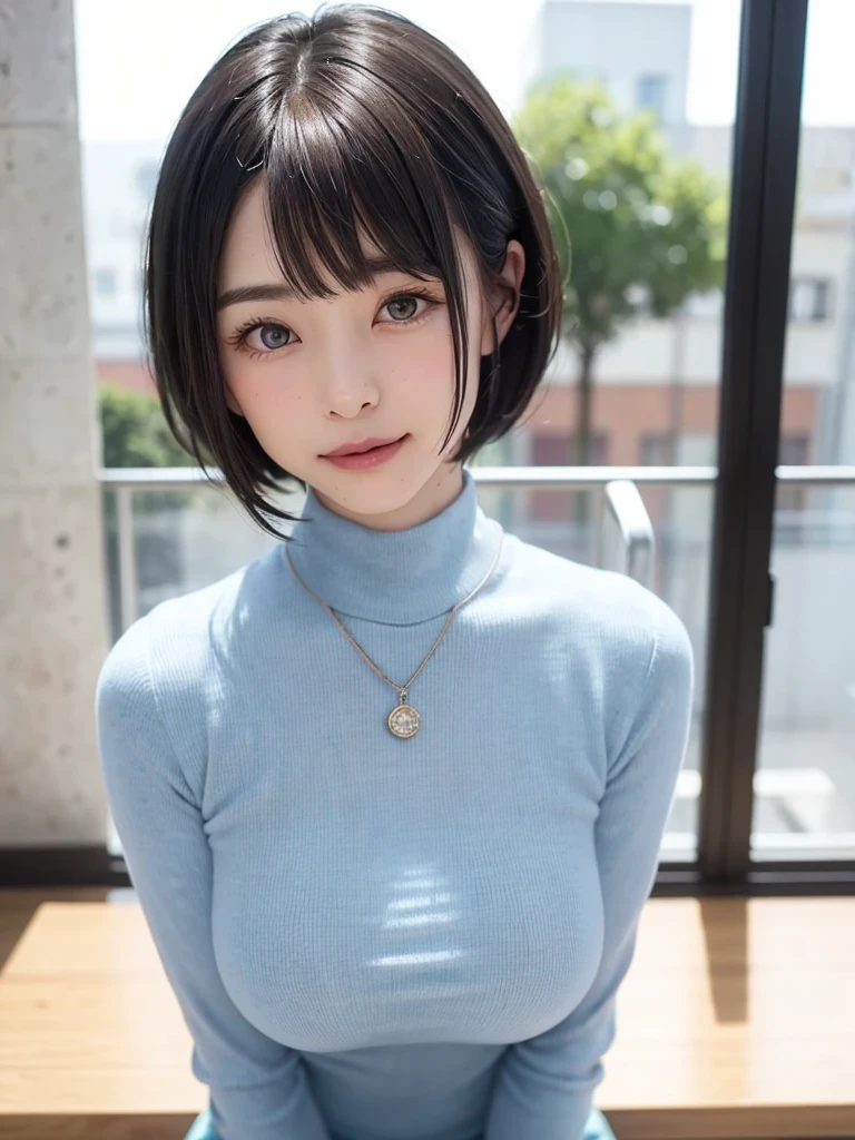 (masutepiece, top-quality、high-detail:1.4、Very attractive adult beauty:1.4、Add intense highlights to the eyes、Look firmly at the camera:1.4、Beautiful woman full of adult charm:1.4、Ideal ratio body proportions:1.4、Perfect Anatomy:1.4、Brunette Short Bob Hair、Lustrous hair、Lip Gloss),1girl in, solo, Light brown shiny hair, muffler,realisitic, looking at the viewers、Tilt your head slightly, Bright colored crystal light blue eyes, short shiny hair、 White turtleneck outfit with a hole in the center of the chest,Sexy white turtleneck knit sweater with a round hole in the middle of the chest、 s lips, Lip Gloss,bangss, The upper part of the body、big eye、Lashes、The face is a little red、Embarrassing)、((Road system in Italy in winter))、((Shorthair with bangs、big eye、Put very strong highlights in your students、{gigantic|Big|Huge|mega} breasts:1.4、very Bigger breasts:1.4、gazing at viewer、Very beautiful beauty、Put your ears out、long neck、little smiling、Beautiful teeth:1.4、Open your mouth and smile:1.4、Heart-shaped pupil))、28 year old、Very cute supermodel、