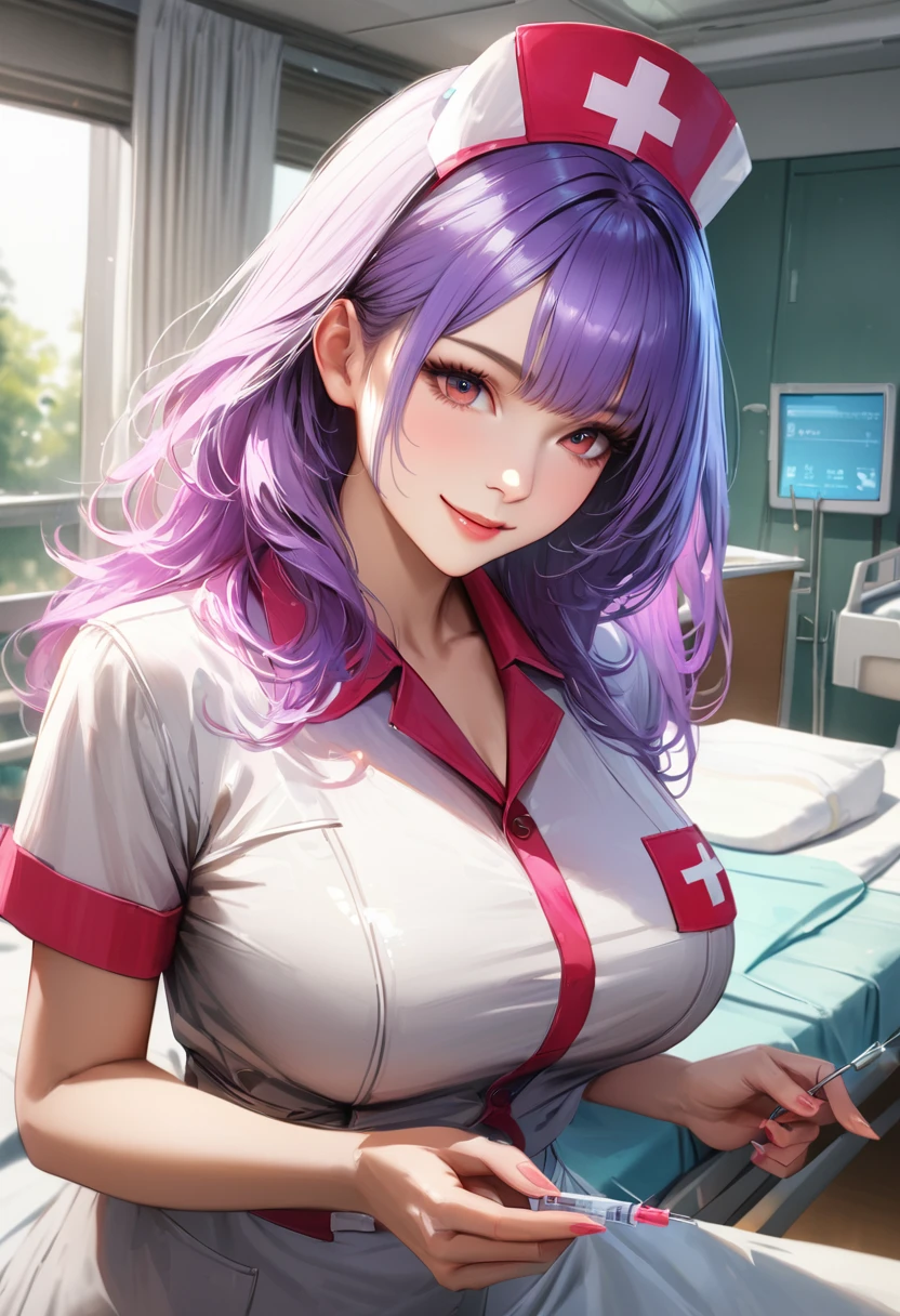 hospital, nurse, Having an injection, Blur the background,smile,Big Breasts,Glitter effect,Highest quality, 8K, High resolution, masterpiece:1.2, Very detailed, Realistic:1.37, High resolution, 超High resolution, Ultra-fine painting, Very detailed, Professional, Vibrant colors