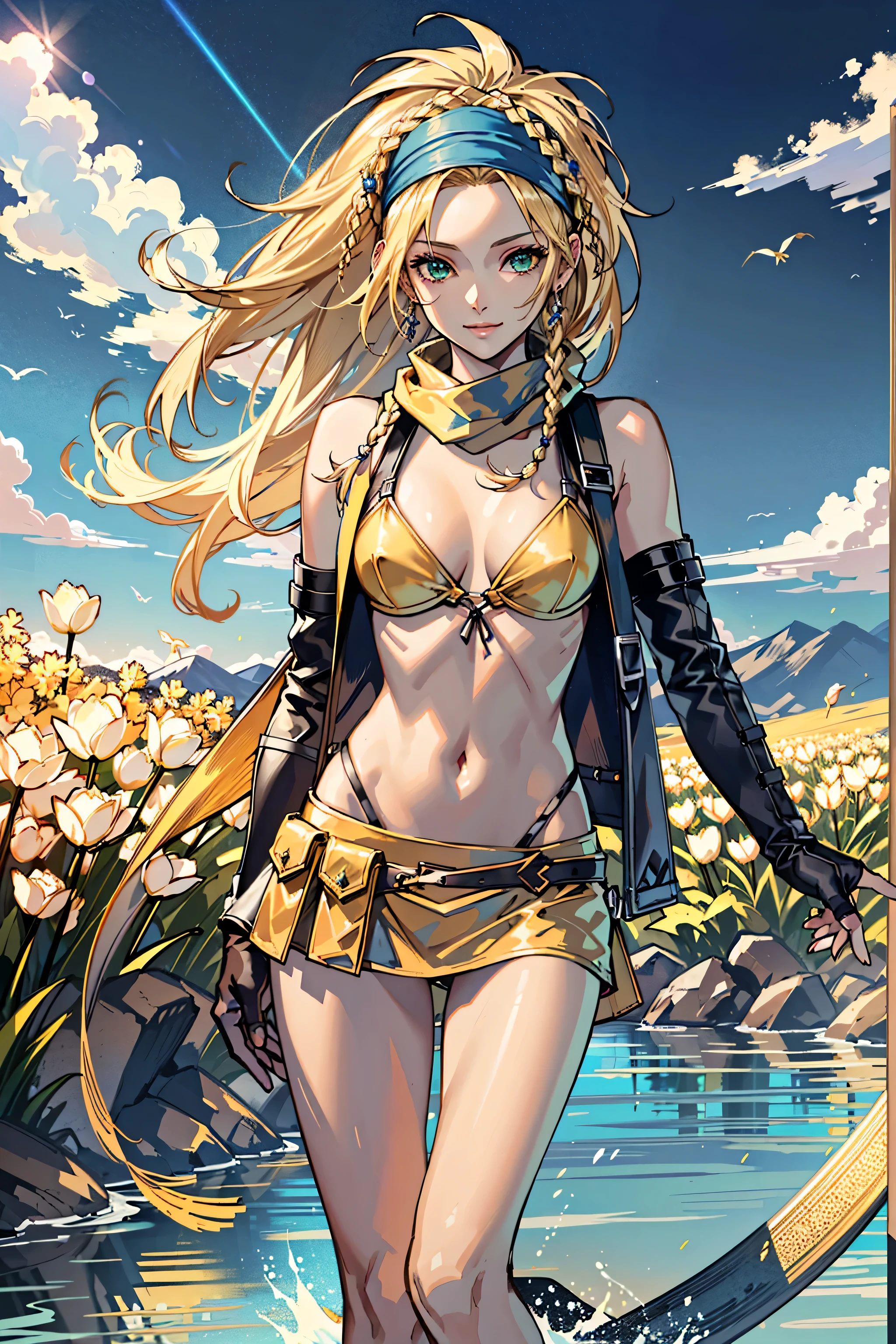 (masterpiece, highest quality:1.3)
backpack FF10,  1 girl, alone, long hair, chest, skirt, blonde hair, hair ornaments, gloves, belly button, green eyes, swimsuit, Braid, bikini, removed sleeve, miniskirt, fingerless gloves, scarf, head band, bird, bikini top only, @_@, yellow bikini, blue head band,super high quality,super high quality,masterpiece,digital single lens reflex,realistic,Detailed details,vivid details,depicted in detail,detailed face,Detailed details,Super detailed,realistic skin texture,based on anatomical basis,perfect anatomy,anatomically correct hand,anatomically correct fingers,Complex 3D rendering,sexy pose,beautiful yellow tulip field,Final Fantasy Worldview,Fantastic night view,fantastic night sky,beauty like a painting,smile,bewitching beauty,phantom river,