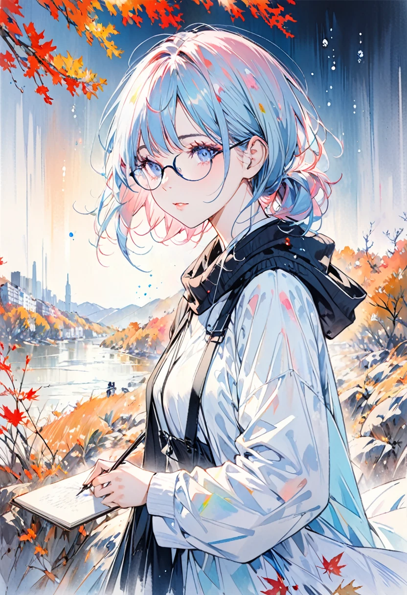 A painting by mse《Woman wearing glasses》,author:agnes cecile, Luminous design, Soft colors, Ink drops, Autumn Lights