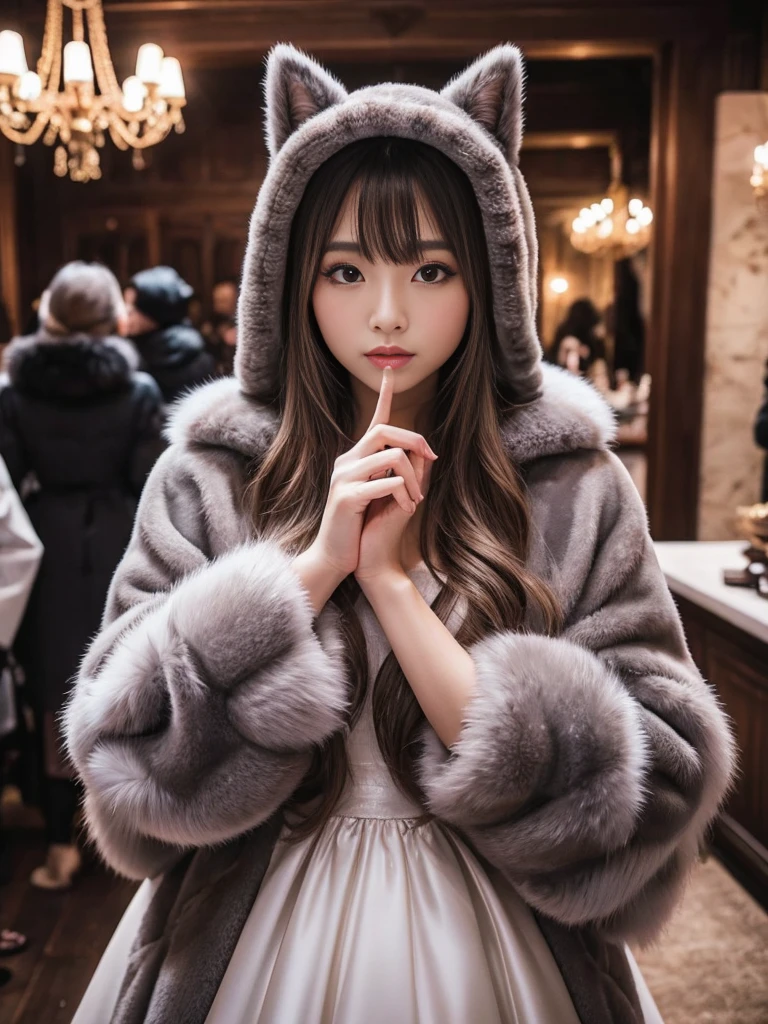 fluffyの毛皮。fluffy。Wedding dressを着た女性たちの写真。Wedding dress、Grey fur cape。Surrounded by fair-skinned adult women。Women wearing fur dresses and veils covering their faces are lined up。Beautiful women in luxurious furs。The dark dungeon of an old stone castle。Fisheye Lens、Fur coat。Multiple women。