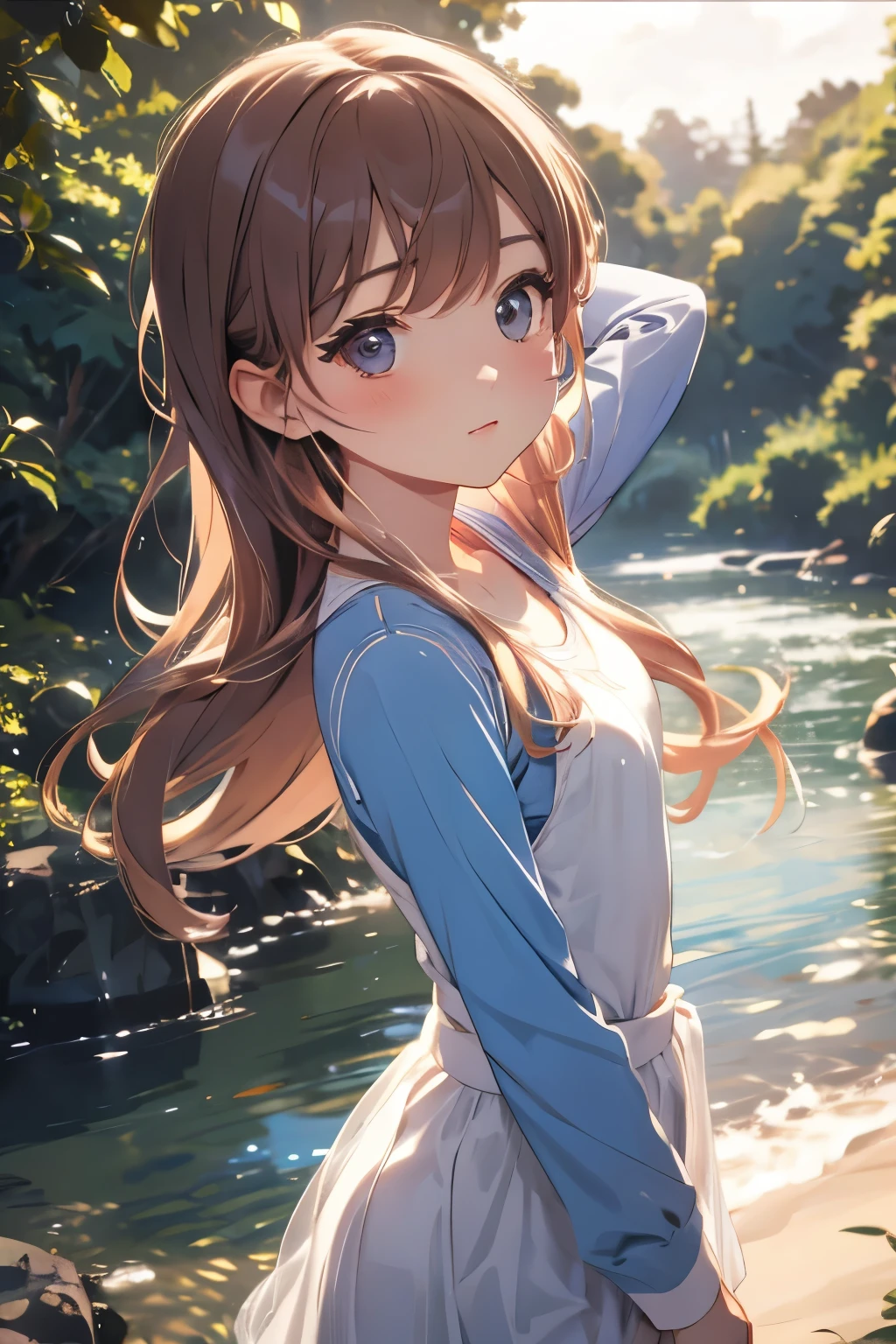 Chibi Girl Doll、bank、river、bridge、Enjoying stretching、Training wear、Very detailed、Ultra-realistic、Photorealistic、8K、Hyperrealistic、masterpiece、Beautiful detailed eyes、Beautiful detailed lips、Very detailedな顔、Long eyelashes、Beautiful young girl、Calm expression、Warm colors、Beautiful lighting、Cinematic、Intricate details、Bright colors、natural environment、Lush vegetation、Soft Focus、Depth of written boundary