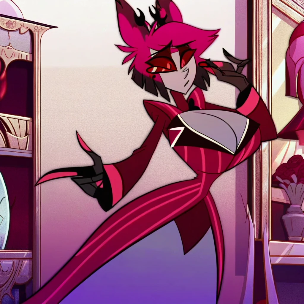 alastor, solo, 1girl, standing, (huge breasts:1.5), grey skin, red suit, monocle, BREAK score_9, score_8_up, score_7_up, score_6_up, (((screencap)))
