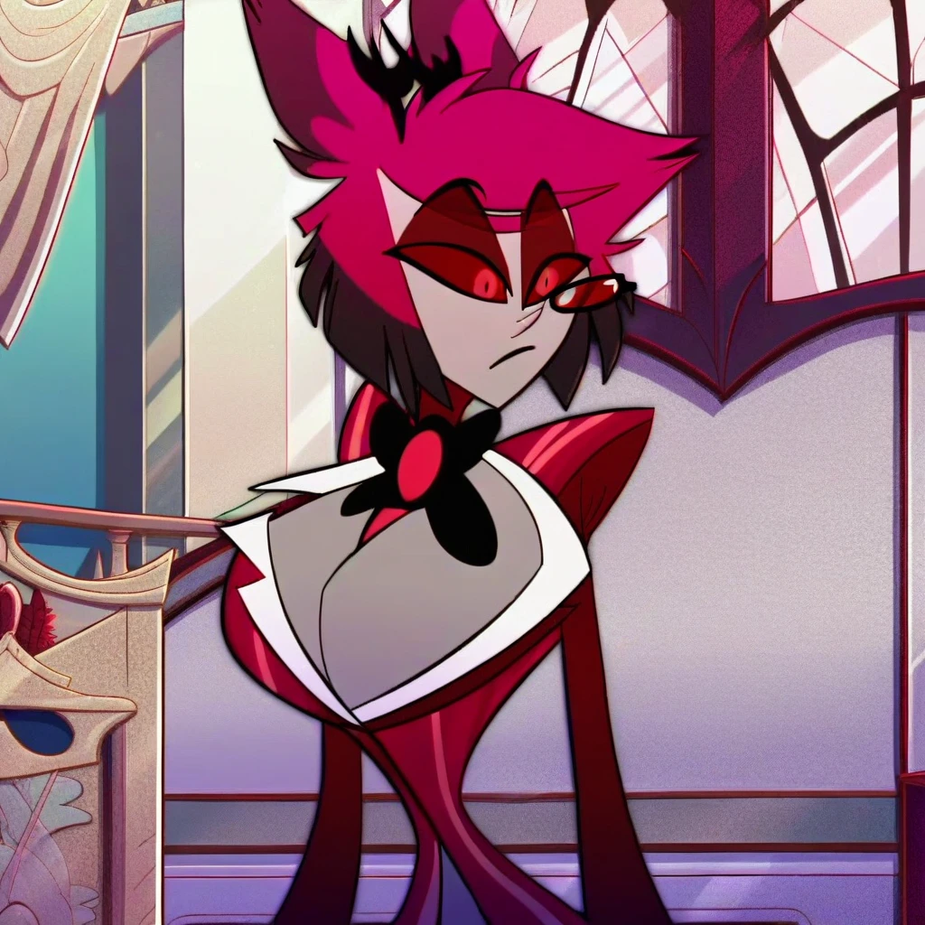 alastor, solo, 1girl, standing, (huge breasts:1.5), grey skin, red suit, monocle, BREAK score_9, score_8_up, score_7_up, score_6_up, (((screencap)))