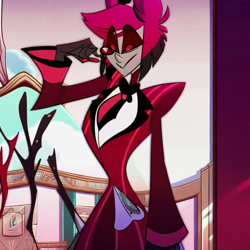 alastor, solo, 1girl, standing, (huge breasts:1.5), grey skin, red suit, monocle, BREAK score_9, score_8_up, score_7_up, score_6_up, (((screencap)))