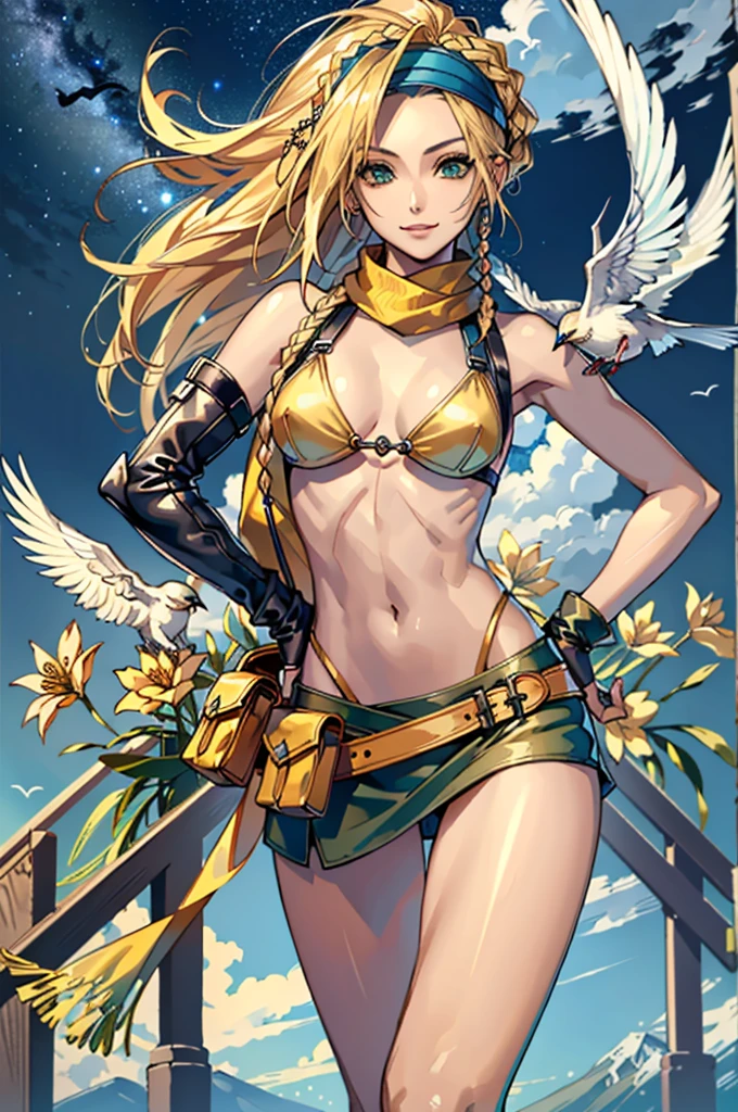 (masterpiece, highest quality:1.3)
backpack FF10,  1 girl, alone, long hair, chest, skirt, blonde hair, hair ornaments, gloves, belly button, green eyes, swimsuit, Braid, bikini, removed sleeve, miniskirt, fingerless gloves, scarf, head band, bird, bikini top only, @_@, yellow bikini, blue head band,super high quality,super high quality,masterpiece,digital single lens reflex,realistic,Detailed details,vivid details,depicted in detail,detailed face,Detailed details,Super detailed,realistic skin texture,based on anatomical basis,perfect anatomy,anatomically correct hand,anatomically correct fingers,Complex 3D rendering,sexy pose,beautiful yellow tulip field,Final Fantasy Worldview,Fantastic night view,fantastic night sky,beauty like a painting,smile,bewitching beauty,phantom river,