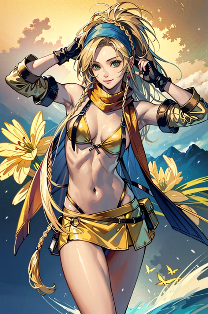 (masterpiece, highest quality:1.3)
backpack FF10,  1 girl, alone, long hair, chest, skirt, blonde hair, hair ornaments, gloves, belly button, green eyes, swimsuit, Braid, bikini, removed sleeve, miniskirt, fingerless gloves, scarf, head band, bird, bikini top only, @_@, yellow bikini, blue head band,super high quality,super high quality,masterpiece,digital single lens reflex,realistic,Detailed details,vivid details,depicted in detail,detailed face,Detailed details,Super detailed,realistic skin texture,based on anatomical basis,perfect anatomy,anatomically correct hand,anatomically correct fingers,Complex 3D rendering,sexy pose,beautiful yellow tulip field,Final Fantasy Worldview,Fantastic night view,fantastic night sky,beauty like a painting,smile,bewitching beauty,phantom river,