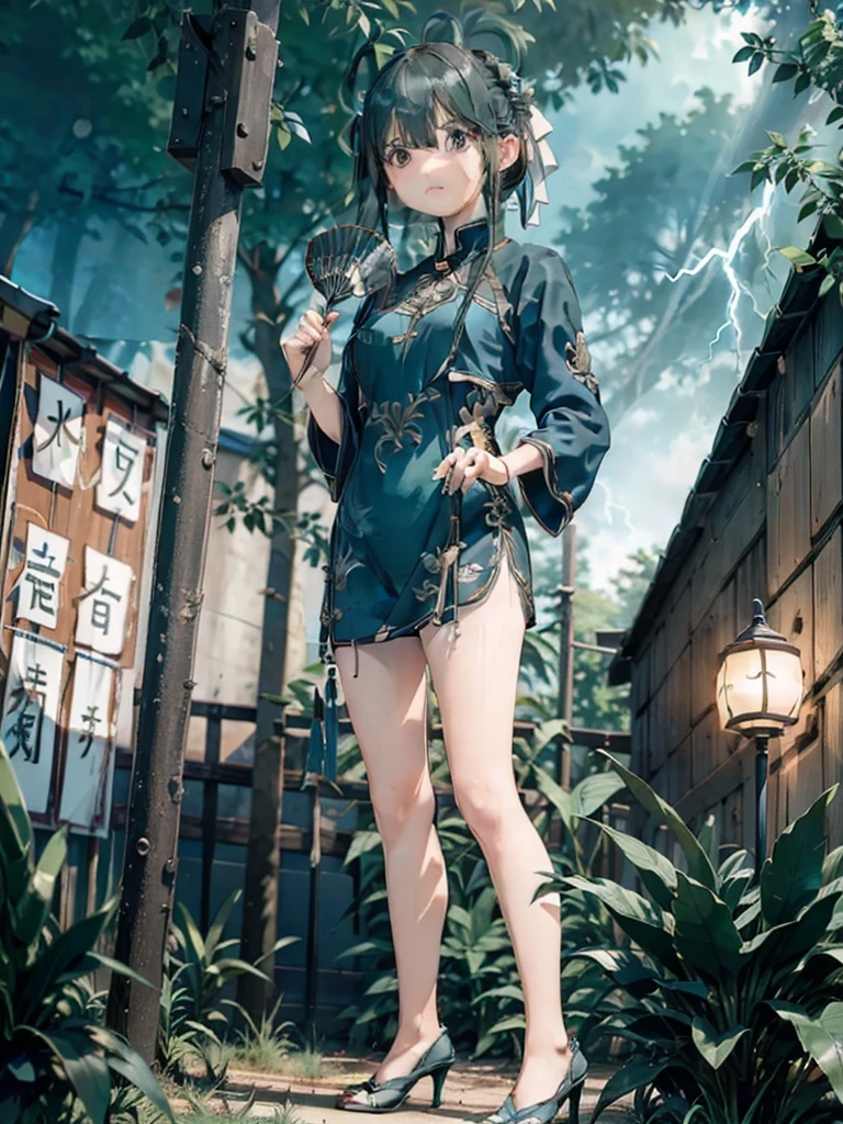, Standing in front of a dragon statue, Holding a folding fan, Glaze expression, Wearing a green Chinese short dress, Heel, Beautiful Eyes, close, thunder efect, Lightning Particles, Outdoor, masterpiece