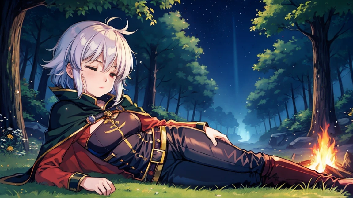 A human female adventurer camping outdoors in a fantasy game world, illustrated in a Japanese anime style. She is lying down around a campfire, with short, spiky silver hair. She is dressed in a black tunic, red pants, and boots, along with a dark green cloak. Her large, expressive eyes are closed as she sleeps peacefully. The background features a dense, enchanted forest under a starry night sky. The scene is detailed with vibrant colors and a focus on anime aesthetics.