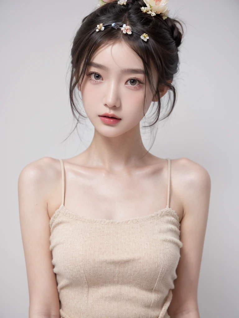 masterpiece,Best picture quality,Extreme details,Ultra-high resolution,Ultra-high definition,Beautiful young people,Glowing skin,thin,Black Hair,Half bun,1,big eyes,beautiful eyes,Lipstick,Exquisite facial features,Medium shot,Looking at the viewer, Tube Top Suspenders,Single tone background,White background,Soft light，Wear flowers on your head