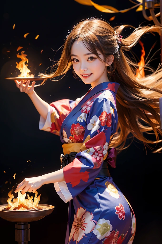 A beautiful smiling woman in a kimono dancing with fire in her hands, manipulating the flames with a magic circle and a blazing flame in the background