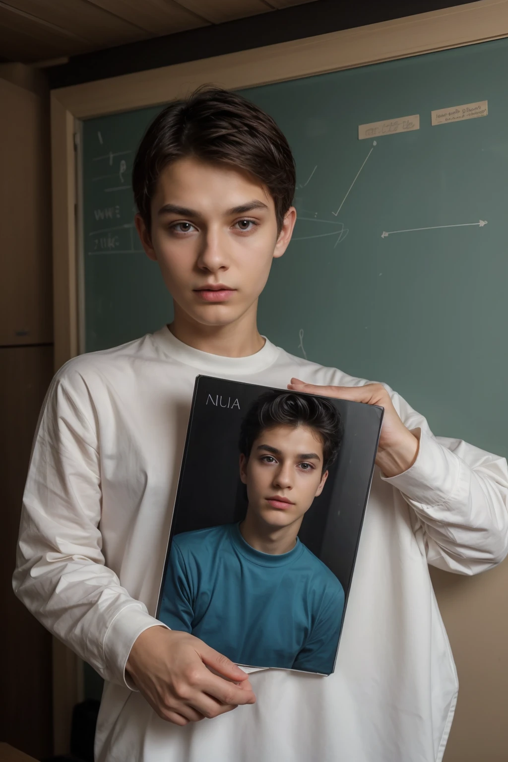 A beautiful young man, a cute male twink, with black hair and a face with reddish make-up. He wears a bright white long-sleeved shirt and aqua blue pants. He is in his office, and behind him is a blackboard on which is written the shape of the brain and its anatomy. Nuclear energy emerges from it, and in his hand is a newspaper with manuscripts on it. The phrase “The Greatest Mind.”
