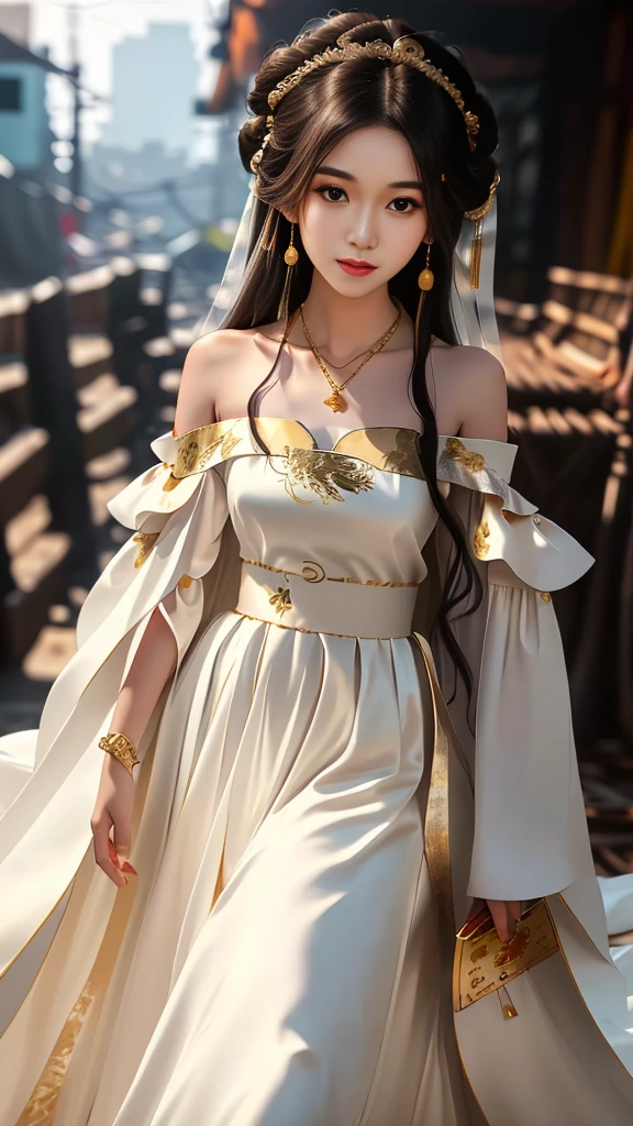 Girl in traditional Chinese clothing, Hanfu, Guzhen Hanfu women, White Hanfu,long straight black hair, black eyes, black bun hairstyle, hair accessories ,white diamond earrings, Bangle Diameter, Dia Necklace, Clear eyes, Facing forward,put on makeup, Long eyelashes ,(gold long shoulder coat:1.5), (Very long skirt, white:1.5), ((Whole body)), ((from below)), Clear face, , (Very beautiful face, Beautiful mouth, beautiful eyes), detailed face, ((Ultra-fine skin)), In the dark, deep shadows, an ancient Chinese girl (Very slim figure 1.3) ,Plump breasts, elegant posture ,(slum:1.5),