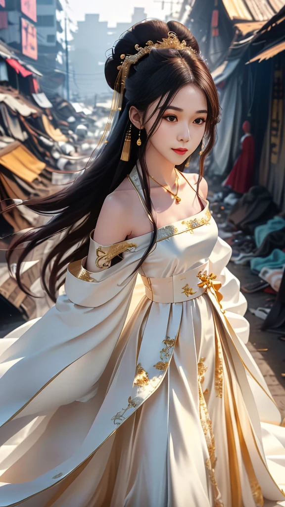 Girl in traditional Chinese clothing, Hanfu, Guzhen Hanfu women, White Hanfu,long straight black hair, black eyes, black bun hairstyle, hair accessories ,white diamond earrings, Bangle Diameter, Dia Necklace, Clear eyes, Facing forward,put on makeup, Long eyelashes ,(gold long shoulder coat:1.5), (Very long skirt, white:1.5), ((Whole body)), ((from below)), Clear face, , (Very beautiful face, Beautiful mouth, beautiful eyes), detailed face, ((Ultra-fine skin)), In the dark, deep shadows, an ancient Chinese girl (Very slim figure 1.3) ,Plump , elegant posture ,(slum:1.5),