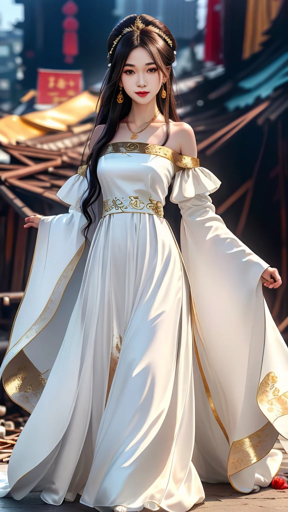 Girl in traditional Chinese clothing, Hanfu, Guzhen Hanfu women, White Hanfu,long straight black hair, black eyes, black bun hairstyle, hair accessories ,white diamond earrings, Bangle Diameter, Dia Necklace, Clear eyes, Facing forward,put on makeup, Long eyelashes ,(gold long shoulder coat:1.5), (Very long skirt, white:1.5), ((Whole body)), ((from below)), Clear face, , (Very beautiful face, Beautiful mouth, beautiful eyes), detailed face, ((Ultra-fine skin)), In the dark, deep shadows, an ancient Chinese girl (Very slim figure 1.3) ,Plump breasts, elegant posture ,(slum:1.5),