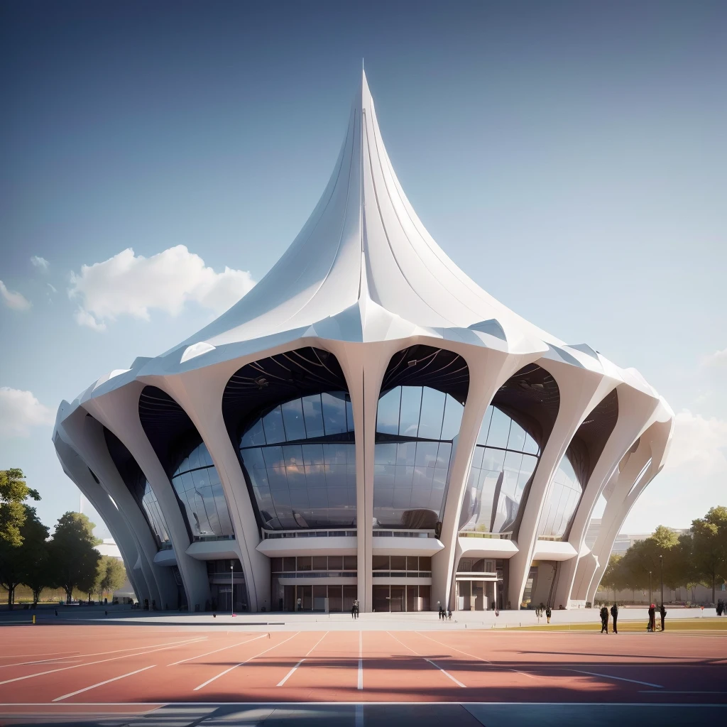 There is a white building there.,There is a big roof on top, Futuristic Church, Futuristic Palace, Futuristic sports arena, Architectural Visualization, Architectural Rendering, Detailed futuristic architecture, Futuristic Persian Palace, Architectural Renderinging, Zaha Hadid Octane Highlights Rendering, Building 3D rendering, Futuristic architecture concept, in style of zaha hadid architect, futuristic utopian architecture, Huge futuristic building, Architectural Rendering