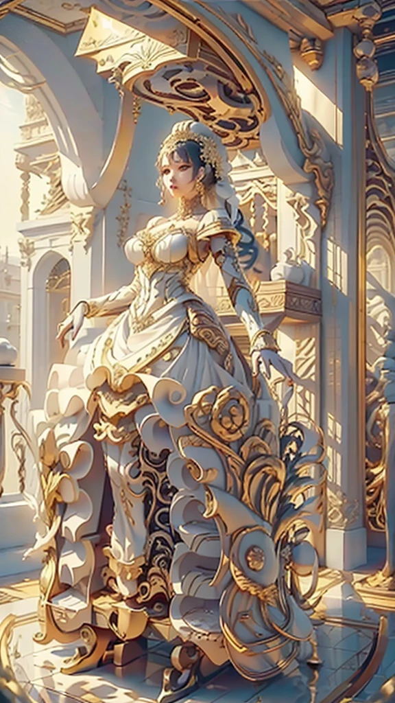 Generate a mesmerizing visual featuring a girl adorned in an exquisite IvoryGold Style ensemble. Her attire combines a rich palette of white and gold hues, creating an opulent and timeless look. Surround her with intricate fractal art patterns that seem to come alive, adding a surreal and otherworldly dimension to her presence, creatives, tangled, entangle, high_res