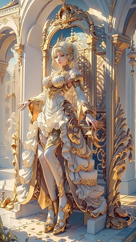 Generate a mesmerizing visual featuring a girl adorned in an exquisite IvoryGold Style ensemble. Her attire combines a rich palette of white and gold hues, creating an opulent and timeless look. Surround her with intricate fractal art patterns that seem to come alive, adding a surreal and otherworldly dimension to her presence, creatives, tangled, entangle, high_res