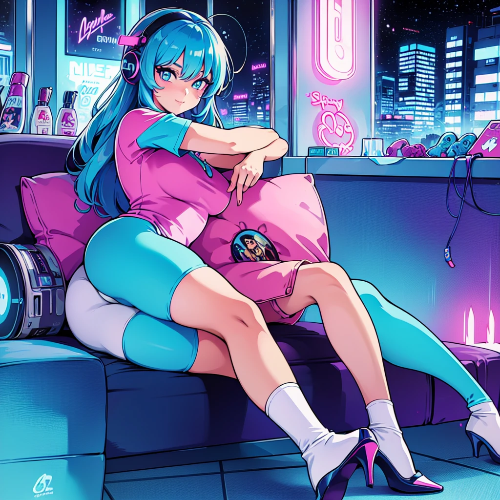 (masterpiece), Highest quality, Expressive eyes, Neon pastel aesthetics, Retro 90s, Neon color,((Girl sitting on sofa,In a cozy room,Records hanging on her wall, Comic books on the floor, Looking out the window behind her at the night city, Upholstered room, Anime figures lined up on a shelf)), Wearing headphones, (All around her it sparkles), (Wearing high socks and heels), (blue eyes), (Soft look), (Synthwave Art Style), Colorful Hair, Desk with PC set up