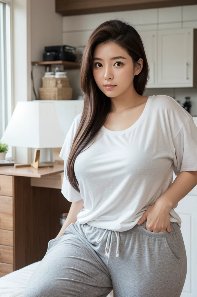 japanese modest female,natural hair,white t-shirt, gray sweat pants,large tareme,curvy,medium hair,at home,