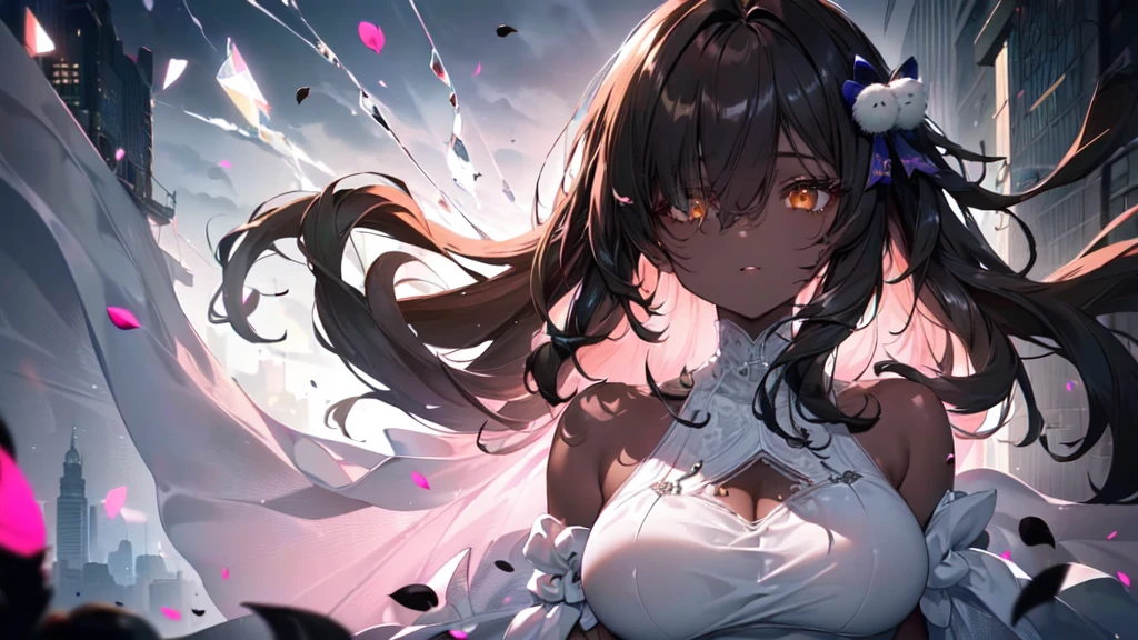 ((((Obra maestra, La mejor calidad, ultrahigh resolution)))), 1girl, standing,), ((long pure brown hair, hair over eye)), long hair cut, shiny skin, ((golden eyes)), glowing_eyes, neon eyes, (ultra detailed eyes:0.7, beautiful and detailed face, detailed eyes:0.9), ((centered)), smirk, facing viewer, ((vibrant background, dark lighting, summer, sunlight)), large chested, looking at viewer, ((half closed eyes)), ((perfect hands)), (((head:1, arms, hips in view, elbows, legs, in view))), ((hands behind back)), empty eyes, beautiful lighting, ((outside, outdoors)), defined subject, head tilt, (((gritty)), ((creepy)), ((cool)), ((beautiful)), (((SFW))), hair ornament, petals in the air, moon in the sky, city, mature woman, adult woman, sfw, pink and white dress, night dress, she is a princess, gal, dark skin, majesty, mistress 