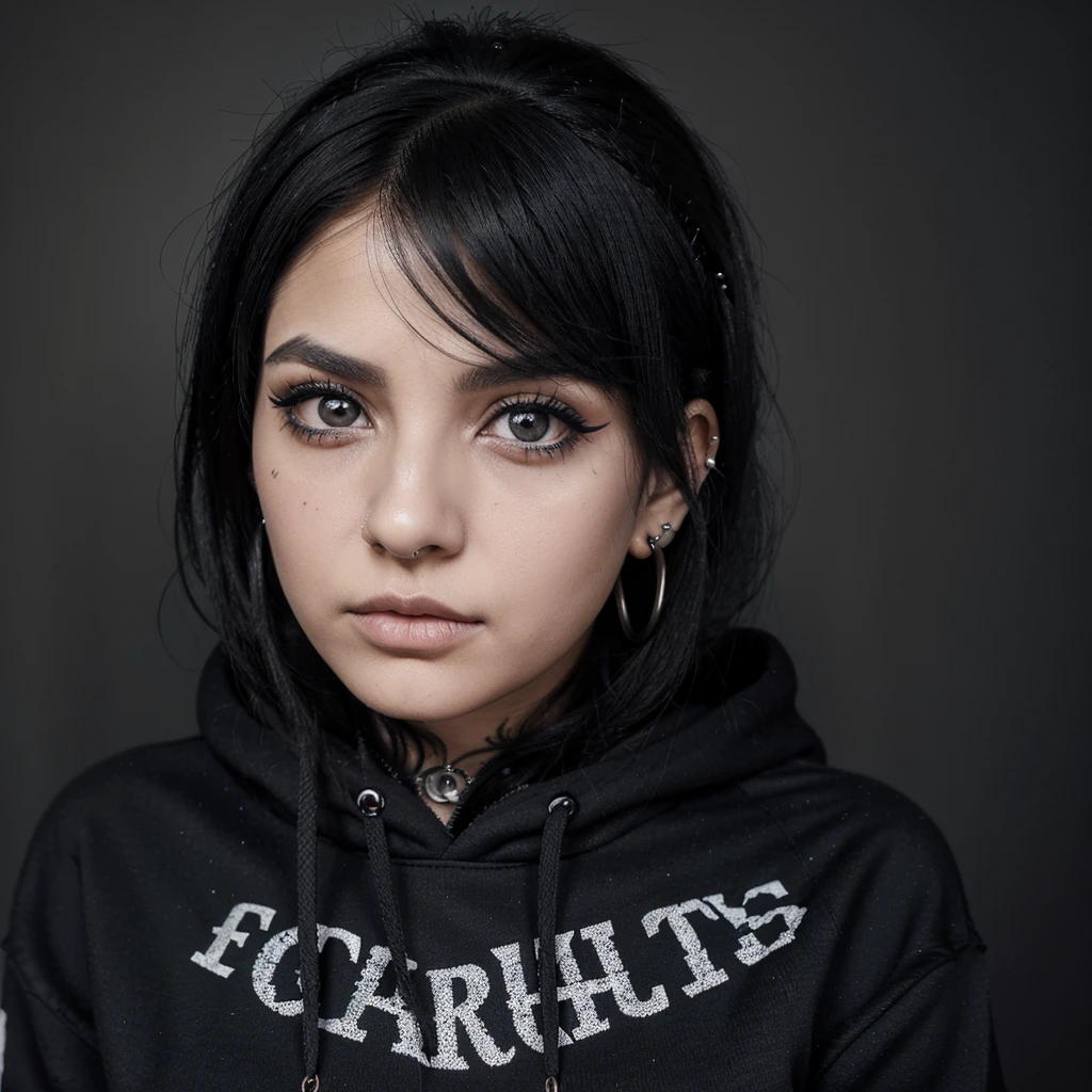 Arafat woman with piercings and sweatshirt poses for a photo, Emo anime girl, black hair and big eyes, Emo Girl, epic 3d abstract emo girl, dark piercing eyes, black intense eyes, Gothic girl's face, Beautiful piercing eyes, emo makeup, emo style, black hair and brown eyes, girl with black hair, charming black eyes