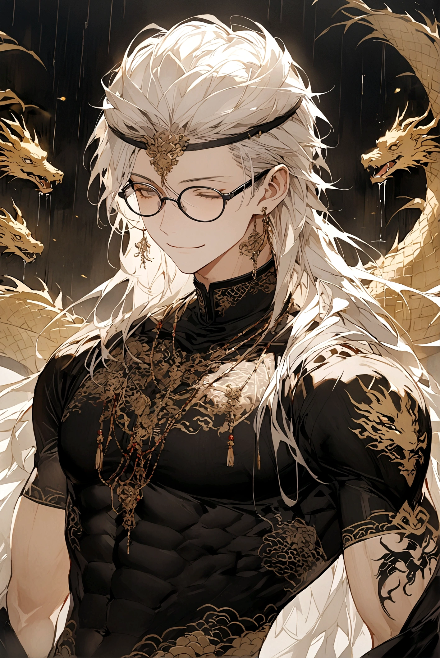 Long white hair, always smile and close the eyes,male,slim,have abs and muscles little, black Chinese long clothes with golden dragon patterns, black dragon tattoos on neck, black rimless glasses on head, black gloves,**close the eyes**,alone,The background have bamboo raining 