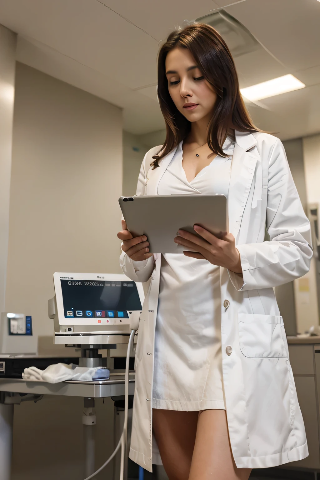 a nurse in a short white coat from under which long and slender legs are visible stands against the background of medical equipment and holds a tablet in her hands