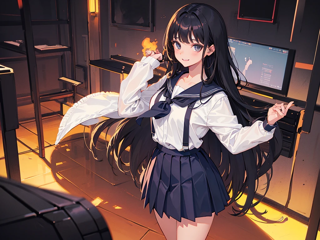 1girl, Standing upright in a classroom in a dark atmosphere in the evening, (schoolgirl uniform), long black hair,long pleated skirt, spooky smile, ((wide shot)), (looking at viewer), 18 years old, ((from front shot))
