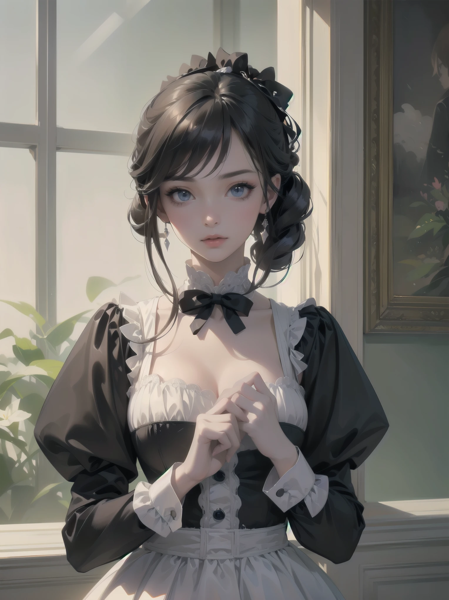 absurdres, RAW photo, extremely delicate and beautiful, masterpiece, Best Quality, ultra high resolution, 32k, hyperrealistic, ultra-detailed, detailed description, pale skin, 20 years old, detailed beautiful face and eyes, tearful mole, earring, Colossal tits, short medium hair, wavy hair, full body shot, alone, Vampire Castle, Maid clothes, Gothic style,