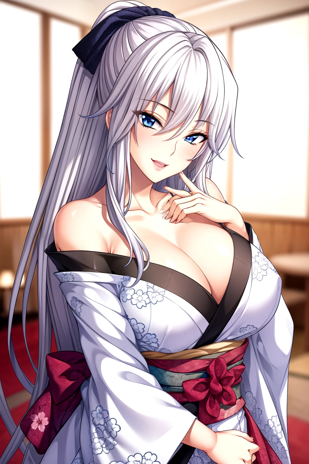 Japanese kimono with floral pattern，Off-shoulder, Silky skin,Full body pictures, White hair,blue Eye,Ponytail, 1 girl, 25 years old,Young women,beautiful Finger,beautiful long legs,beautiful body,beautiful Nose,beautiful character design, perfect Eye, perfect Face,expressive Eye,Perfect balance, Looking at the audience,(Focus on her Face),housing, (Innocent_Big goals_Eye:1.0),Light_Smile, Official Art,Very detailed CG unity 8k wallpaper, Perfect lighting,rich and colorful, bright_front_Face_Lighting,Light skin, (masterpiece:1.0),(the best_quality:1.0), Ultra-high resolution,4K,Very detailed, photography, 8K, Human Development Report, high resolution, absurd:1.2, Kodak Portrait 400, Film Grain, Blurred background, Bokeh:1.2, Lens Light Halo, (Full of energy_color:1.2),专业photography师, (beautiful,Chest), (beautiful_Face:1.5),(narrow_waist),Smile, Happy