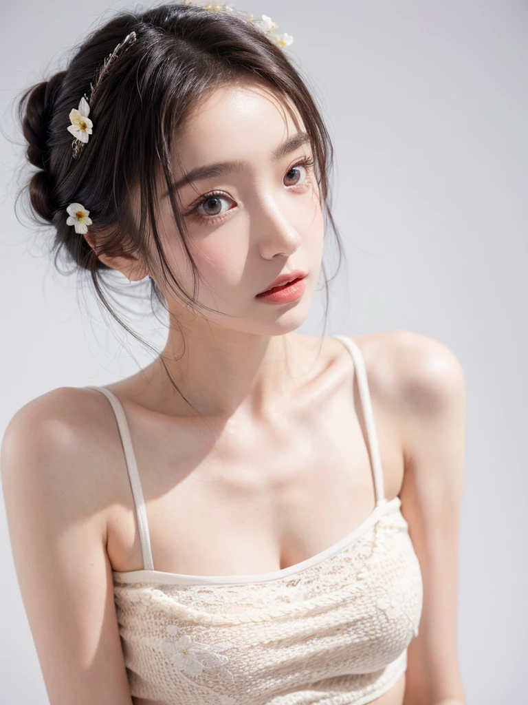 masterpiece,Best picture quality,Extreme details,Ultra-high resolution,Ultra-high definition,Beautiful young people,Glowing skin,thin,Black Hair,Half bun,1,big eyes,beautiful eyes,Lipstick,Exquisite facial features,Medium shot,Looking at the viewer, Tube Top Suspenders,Single tone background,White background,Soft light,Wear flowers on your head