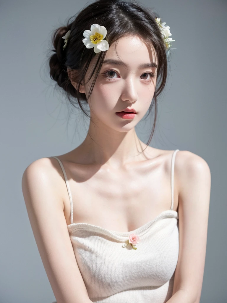 masterpiece,Best picture quality,Extreme details,Ultra-high resolution,Ultra-high definition,Beautiful young people,Glowing skin,thin,Black Hair,Half bun,1,big eyes,beautiful eyes,Lipstick,Exquisite facial features,Medium shot,Looking at the viewer, Tube Top Suspenders,Single tone background,White background,Soft light，Wear flowers on your head