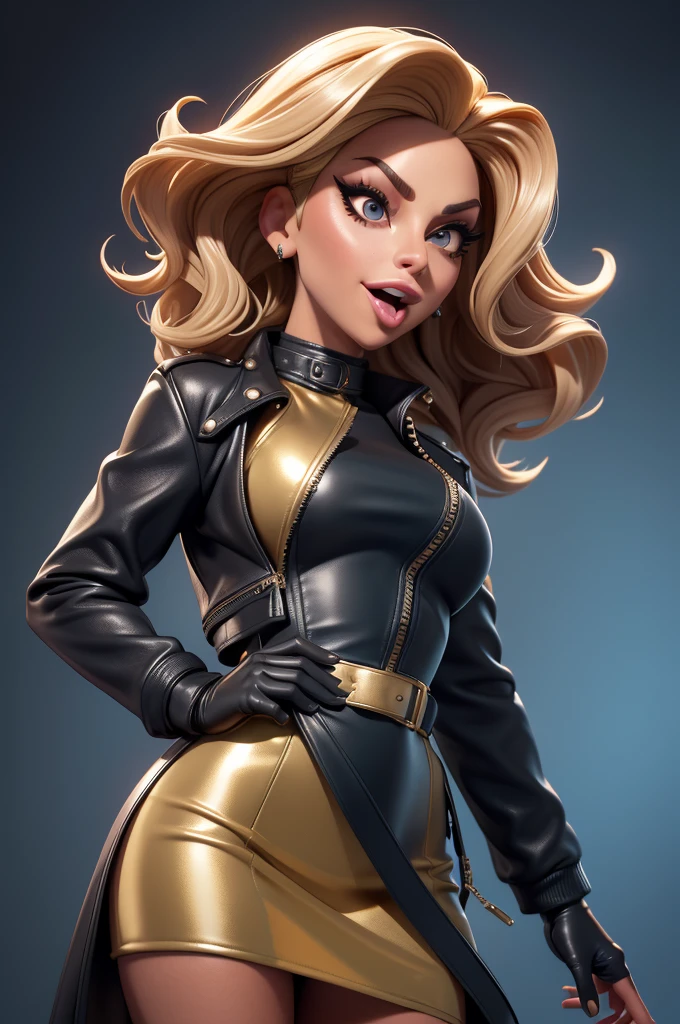 obra prima, melhor qualidade, ((only one woman,)) ((lady gaga, tan skin, wavy bob hair, open mouth,)) head back, (sassy wicked sultry sneer, big teeth smile,) open mouth, pucker mouth, sunglasses, ((thick smoky black eye shadow, long fake eyelashes, sticking tongue out,)) (cerulean blue leather jacket with puff shoulder,) biker jacket has stiff collar, leather blouse, (magenta leather sweater dress, metallic leather sun dress, leather culottes,) ((gold blazer length leather coat,)) (periwinkle pvc skirt, pockets, unzipped front,) studs zippers snaps, shiny leather gloves, nip slip, body is skinny, shiny tight buttocks, arched back, camera view of whole body, looking up at me, shallow depth of field, highres, HD, 8k, anatomically correct