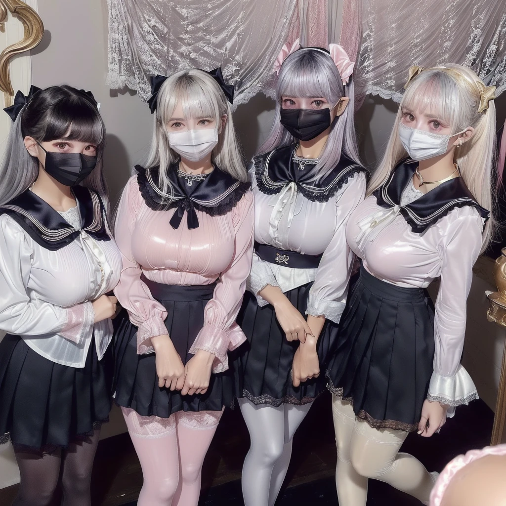 8K resolution, surreal, Super detailed, high quality, perfect anatomy, perfect proportion, 
((((((A group photo of home party, women only, crowded festival in gothic room, 10 girls, group photo)))))), 
(((((shiny satin, jirai fashion, sailor collar,  with many frills, Lace, pleated skirt, micro mini skirt, bow ribbon))))), 
(((pink clothes | white clothes | navy clothes))), 
((grin, smile, happy)), ((((wearing black face mask)))), 
((((bright bleached hair | silver hair | gold hair))))+, (((super large breasts))), hposing, 
(((shiny detailed oiled porcelain skin))), 
((At the luxurious bedroom at late night)), (((see-through black tights))), 
looking at viewer, tight clothes, ((rubbing breasts))