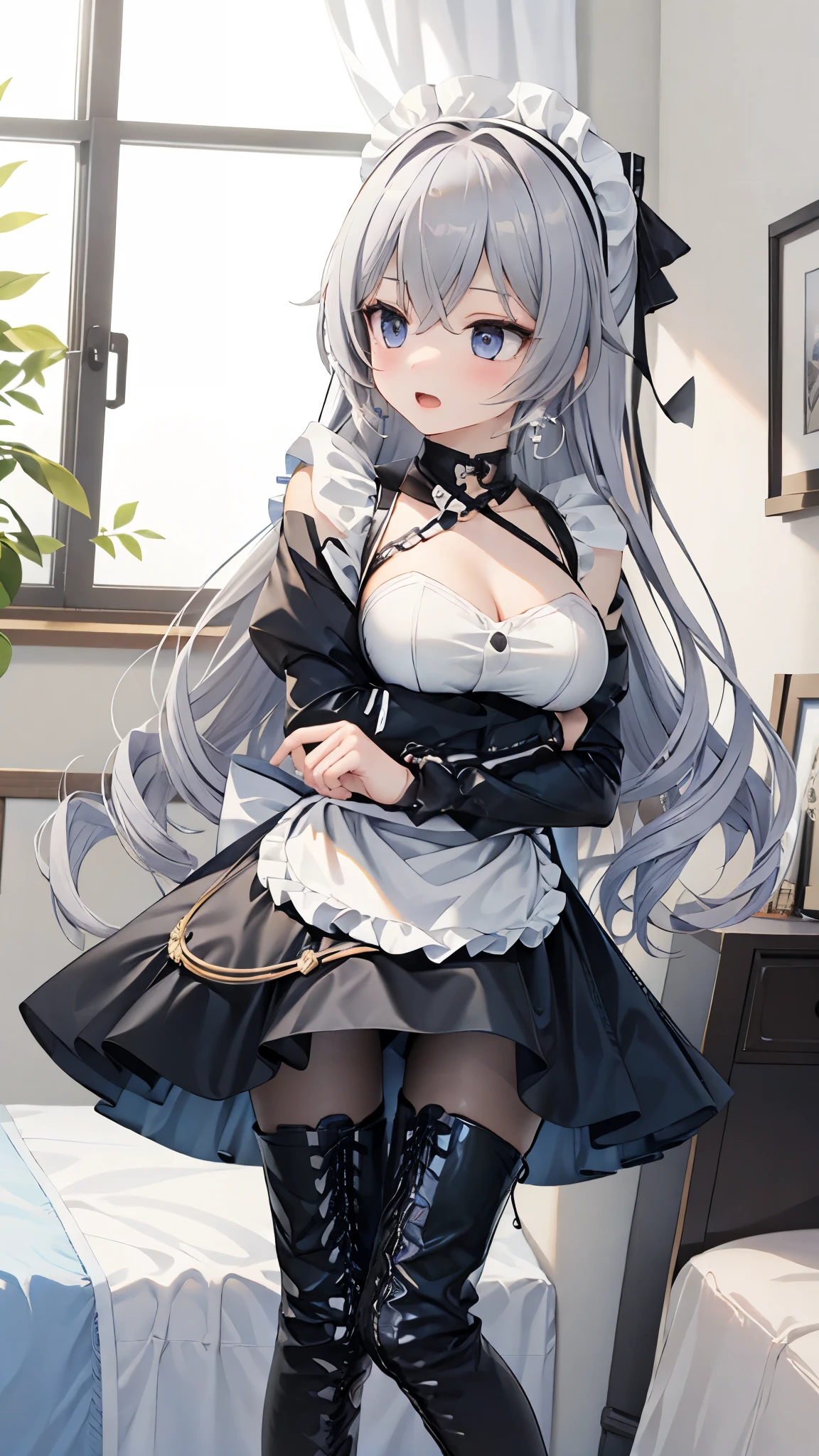 masterpiece, best quality, perfectfeatures, Intricate details, Ray Tracing, illustration,1 Girl, Bronya Zajczyk, Solitary, maid, maid headdress, maid apron, A faint smile, Pantyhose, open mouth, blush, Open your mouth, Looking at the audience, bedroom, indoors, Depth of Field ,