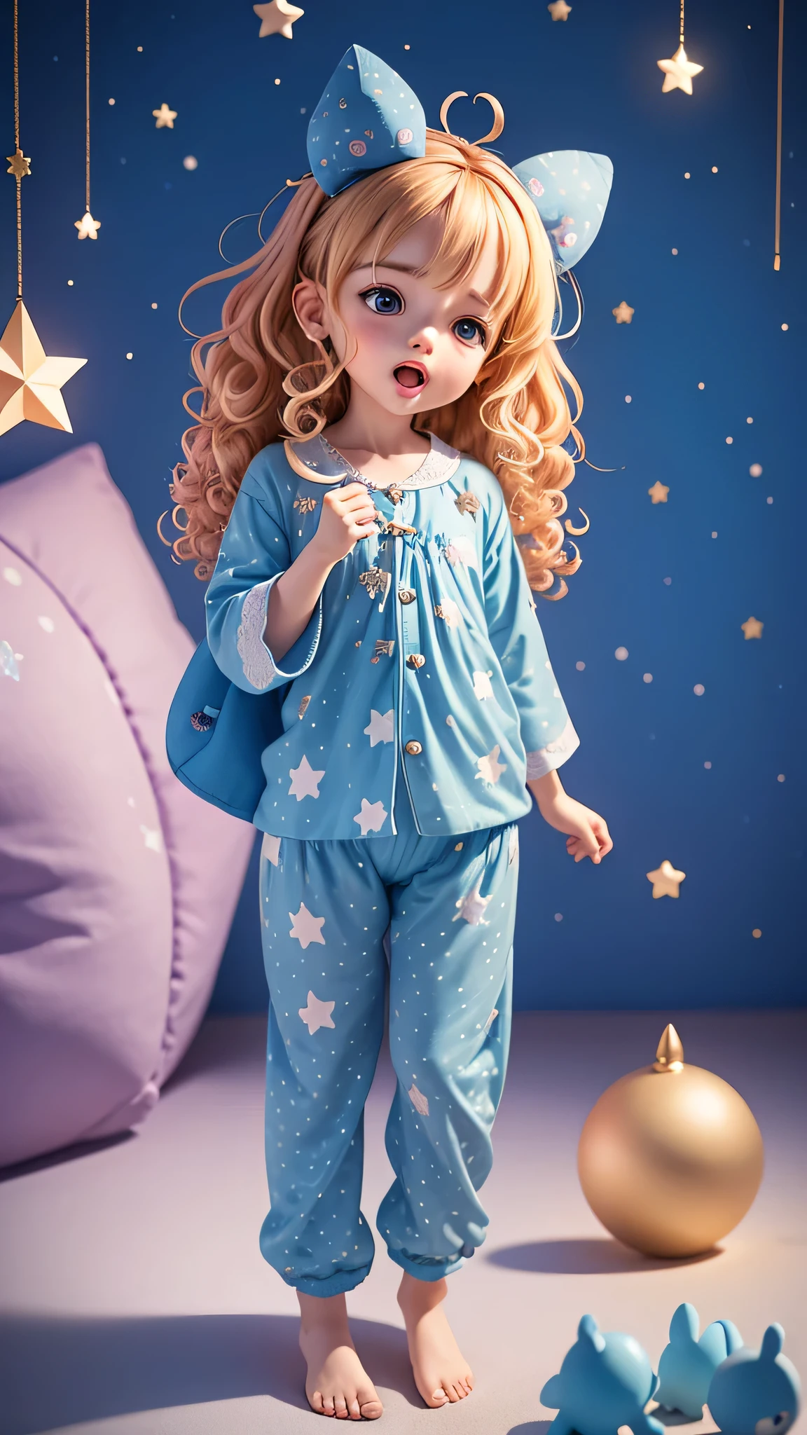 a  with curly hair yawning and star-patterned pajamas,and  a small blue creature with antennae on its head guiding her back to the star path