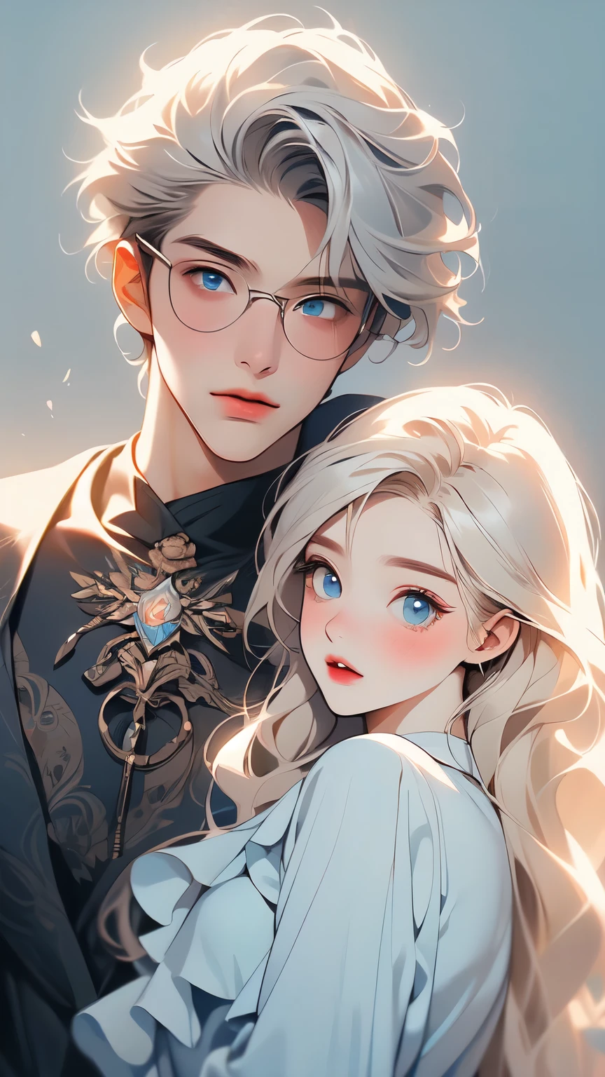 (full-body view))), ((girl and man)), ((dark fantasy)), mature male, 30-ish, (wide shoulder), ((no chest hair)),man with short black Quiff hair with Soft Fringe, (bangs part on side 3:7 ratio), blue eyes, upper body, short hair, looking at viewer, parted lips, round eyewear, showing a bit of muscles,(( girl with wavy hair, pale skin, long light blond hair),((light blue eyes)), freckles,(girl 16 years old),?????? posing,Gothic background, Dark fantastic view,Best Quality,masutepiece,8K,The ultimate detailed dark background, Top image quality、RAW photography、超A high resolution,cropped shoulders, overall look is very ??????, model shoot, round chest, Beautiful Eyes of Details、Very slender eyes、Beautiful eyelashes、Very slim physique, with blush cheeks, bedroom background