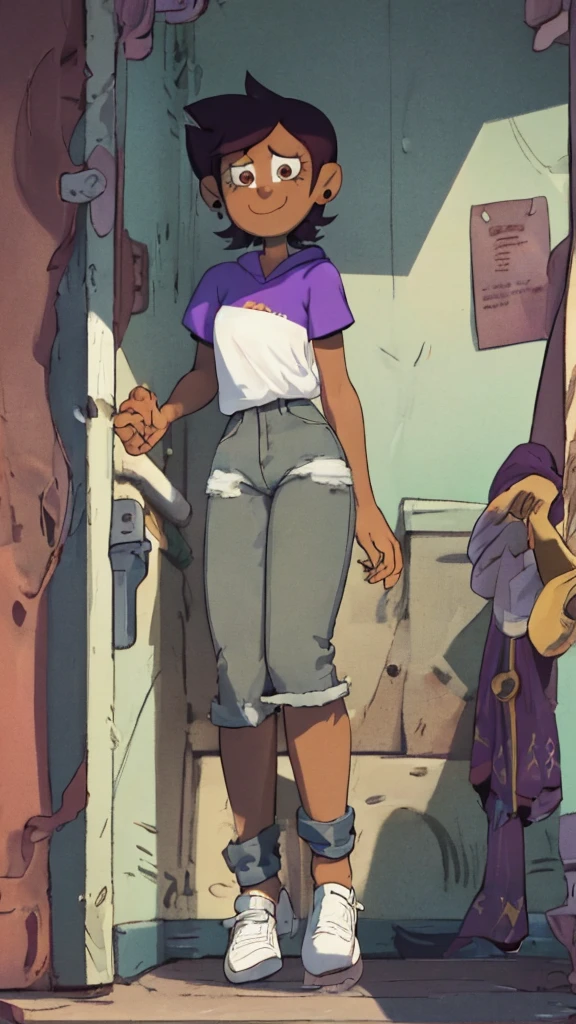 score_9, score_8_up, score_7_up, 1girl, Luz Noceda, brown hair, brown eyes, short hair, dark skin, hoodie, short sleeves, hood down, purple shirt, white shirt, denim shorts, leggings under shorts, black leggings, looking at viewer, smile,
