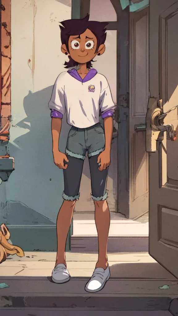 score_9, score_8_up, score_7_up, 1girl, Luz Noceda, brown hair, brown eyes, short hair, dark skin, hoodie, short sleeves, hood down, purple shirt, white shirt, denim shorts, leggings under shorts, black leggings, looking at viewer, smile,