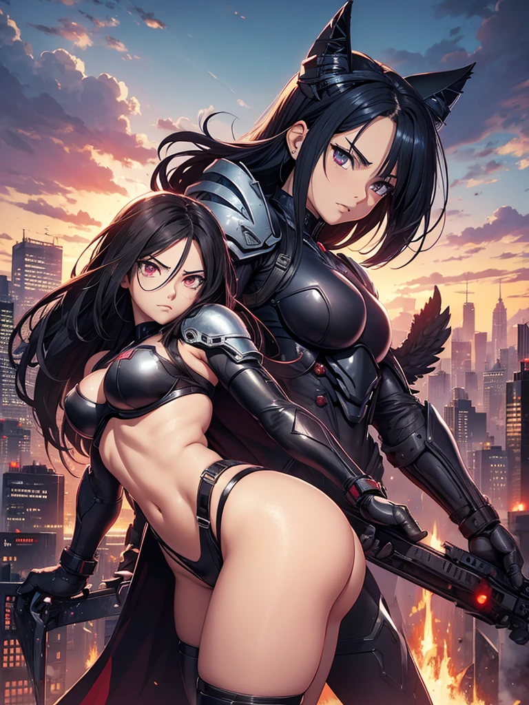 Battle angel alita and rei ayanamo, sexy, big , big dark wings, they are giant like godzilla near the city neo-Tokyo