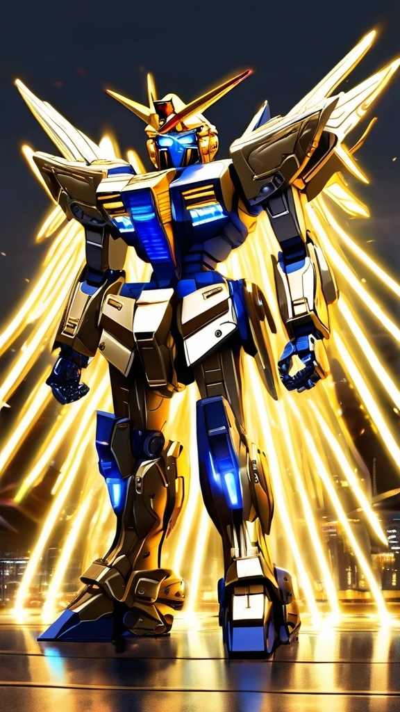 (((Golden Gundam))),armor,Etherpunk,Solitary,Watching_exist_Viewer,Luminescence line,Luminescence粒子,blue_Eye,permanent,Their location,No Humanity,Solitary,No_Humanity,Luminescence,,Mecha,Luminescence_Eye,clasped_hand,_novel,straight on,V-Fin,Mobile_Set,cinemexistic lighting,Strong contrast,Rich in details,best quality,masterpiece,(Neon background),(Wide Angle:1.4),Tyndall effect,,Extremely gorgeous metal style,Metal crown with ornexiste stripes,Various metals background,Sputtered molten iron,floexisting hair,Hair like melted metal,Clothes made of silver,Dress with gold lace,flowing gold and silver,Everything flows and melts,Flowing Silver,Lace flows and melts,(((the Mecha body with a golden metallic luster))),9:16,Epic scenes,((Full size photo)), 