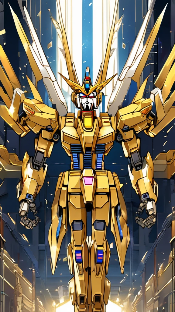 (((Golden Gundam))),armor,Etherpunk,Solitary,Watching_exist_Viewer,Luminescence line,Luminescence粒子,blue_Eye,permanent,Their location,No Humanity,Solitary,No_Humanity,Luminescence,,Mecha,Luminescence_Eye,clasped_hand,_novel,straight on,V-Fin,Mobile_Set,cinemexistic lighting,Strong contrast,Rich in details,best quality,masterpiece,(Neon background),(Wide Angle:1.4),Tyndall effect,,Extremely gorgeous metal style,Metal crown with ornexiste stripes,Various metals background,Sputtered molten iron,floexisting hair,Hair like melted metal,Clothes made of silver,Dress with gold lace,flowing gold and silver,Everything flows and melts,Flowing Silver,Lace flows and melts,(((the Mecha body with a golden metallic luster))),9:16,Epic scenes,((Full size photo)), 