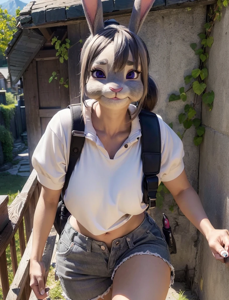 Highest quality,
masterpiece,
Ultra-realistic,
Super detailed,
Beautiful details,
4K,8K,upper,
pixar,
Photo realistic,
Medium Shot, ((High angle view)),
Background is ((Magnificent mountain)),
Realistic lighting,
hiking woman, ((adult woman)),
((Anthropomorphic rabbit)),
Detailed animals,
Complex patterns,
(Furry:1.35),
(All skin is grey:1.3),
(The body is fluffy and bushy:1.1),
Realistic fur,
Human hand,
(Judy Hopps face:1.35),
((ponytail hair)),
((side part bangs)), bangs,
((dark gray hair color)),
Purple eyes,
{Eye highlights, Clear eyes, Eyes sparkling, Large, round pupils},
Detailed Iris,
(Eyebrows raised:1.2),
(Crescent eyebrows:1.3),
(Bunny ears:1.3),
Smiling happily,
raised corners of mouth,
The woman is wearing Fleece jacket, and Trekking Shorts,
((Cream Fleece jacket)) BREAK ((wine red Trekking Shorts)),
carry a backpack, rucksack,
(alone:1.5),
(1 Female:1.5),
Only 1 character,
Perfect Anatomy,
Lighting forward,
Lighting front,
sunlight,
Intricate details,
Ray Tracing,
Realistic,